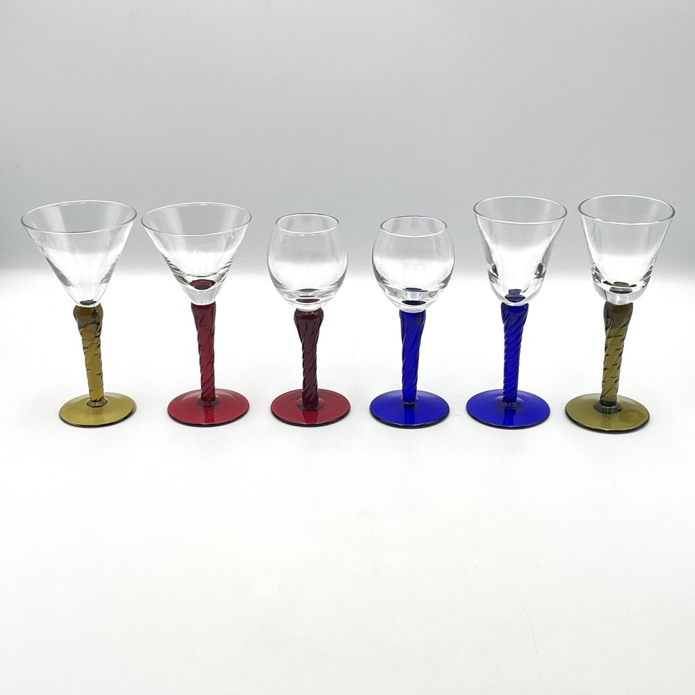 Vintage Bombay Company Twisted Stem Cordial Liqueur Glasses Set 6 Multi Color